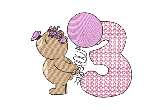 Number 3 Cute Teddy Embroidery Design